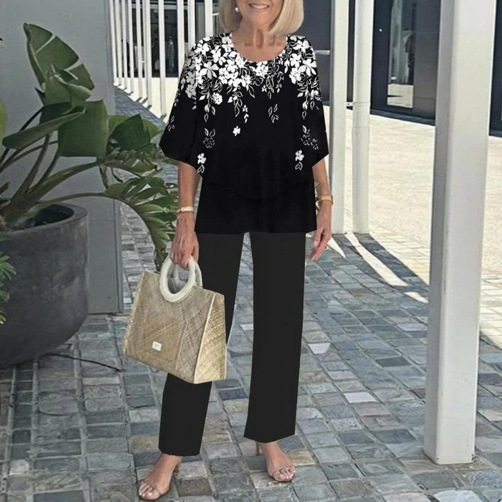 Ingrid - Elegant set with blouse and patterned trousers