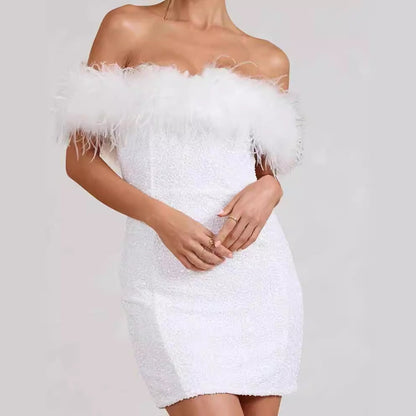 Malin – short dress with sequins and feathers