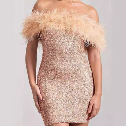 Malin – short dress with sequins and feathers