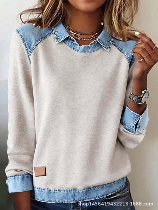 Liora – Stickad tröja med denimdetaljer