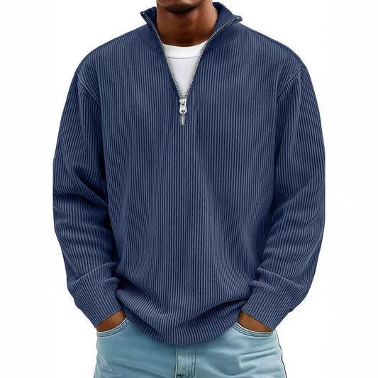 Calle - Dark blue half-zip sweater with a refined rib structure