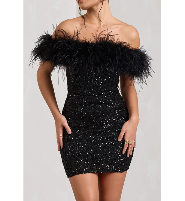 Malin – short dress with sequins and feathers